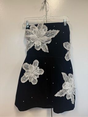 Blithe Black velvet Strapless Dress. Floral Appliqués.  Sexy, wedding, prom.